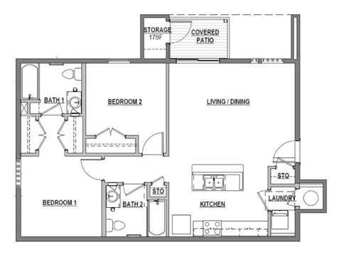 A floor plan of a house with two bedrooms, a storage area, a laundry room, and a kitchen.